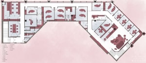 A detailed office space layout plan showing various rooms and areas.