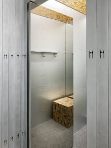 A minimalist, metal storage locker system with sleek lines and functional design.