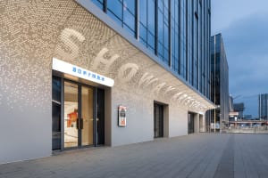 Modern commercial entrance featuring metallic texture