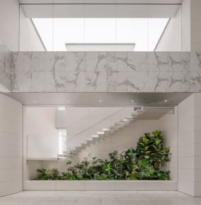 A modern and minimalist interior space with marble walls and floors, featuring a glass ceiling and green plants.