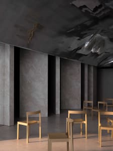 Modern restaurant interior with gray marble walls and concrete columns