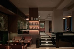 A modern restaurant with a marble interior