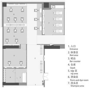 Floor plan of a modern hair salon showing the layout of different areas and sections.