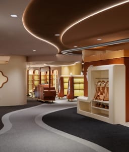 A modern retail store with a curved design, featuring wooden shelves, glass display cases, and metal railings.