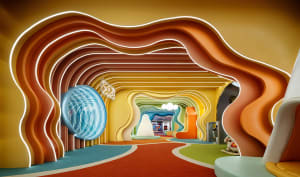 A brightly colored, modern playground with curved walls and a colorful indoor slide.