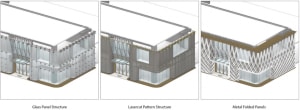 An architectural rendering showcasing a building exterior with a combination of metal and glass materials.