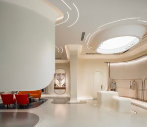 A minimalist store interior with white concrete walls and curved structures.