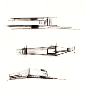 A sketch of a modern interior viewed from various angles showing architectural elements and design features.