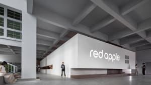 A modern office space featuring industrial design elements with concrete and white finishes.