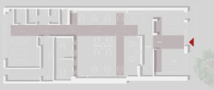 A detailed architectural plan of a modern office space with neutral color schemes.