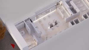 A 2D architectural drawing of a modern office interior with concrete walls, white furniture, and a central open space with ch