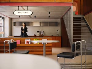 A modern coffee shop bar with metal, wood, and glass materials.