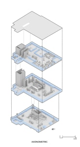 An isometric 3D rendering of an interior space featuring various furniture and architectural elements.