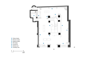 A 2D architectural drawing of a modern retail shop featuring a white concrete interior layout.