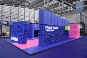 An exhibition space designed with foam tiles and blue and pink color schemes