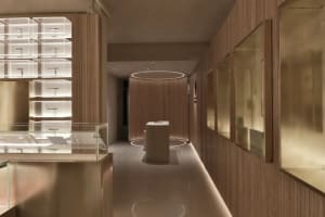 Modern retail space featuring glass and wood materials, with minimalistic design and circular lighting.