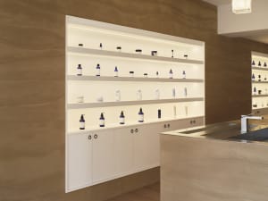 Shelves in a retail store featuring modern concrete shelving units filled with various blue-labeled products.