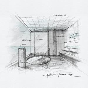 A modern bathroom floor plan with a view of the ocean and a cylindrical sink.