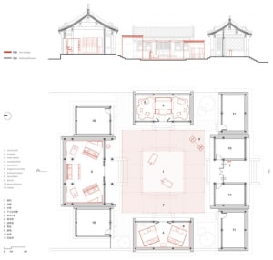 A detailed 2D architectural drawing of a traditional Chinese building layout, showing various rooms and spaces.