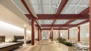 Modern interior design space with contemporary furniture, minimalist decor, and exposed industrial ceiling beams.