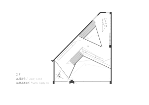 2D architectural drawing of a modern office space featuring wood and glass materials for open-plan workspaces