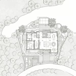 Detailed 2D drawing of a modern residential floor plan, showcasing contemporary design elements and layout.