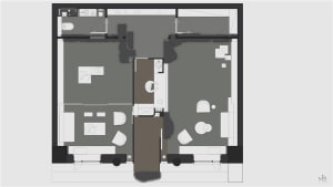 Simplified layout of a modern minimalist living room with furniture and functional zones.