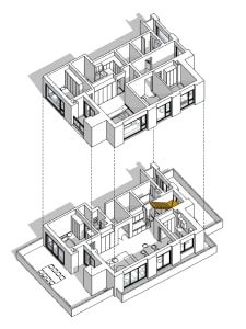 Floor plan of a modern apartment with concrete and glass elements