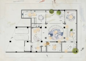 Floor plan of an architectural design for a hospitality space