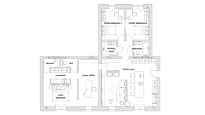 Floor plan of a modern residential apartment in minimalist white design