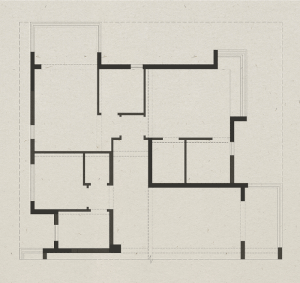 A modern architectural floor plan of a living room with clean lines and open spaces.