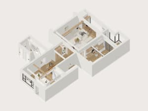 A 3D rendering of a minimalist apartment interior with white walls, light-colored wood floors, and neutral-colored furnishing