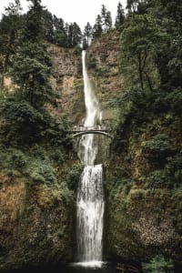 A waterfall cascading down a steep cliff surrounded by lush greenery.