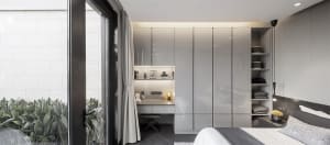 Modern minimalist bathroom with glass walls and a floating wooden counter.