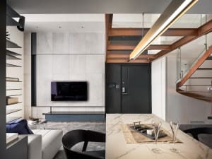 Contemporary living room featuring marble surfaces and metallic elements.