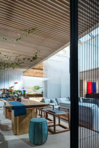 Modern minimalist living room featuring wooden furniture and materials.