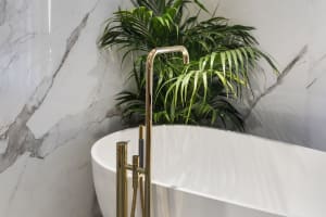 A minimalist bathroom with a white marble bathtub and green plant.