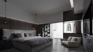 Modern bedroom featuring grey decor and a wooden floor.