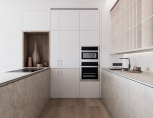 Modern industrial kitchen featuring marble countertops and minimalist design elements.