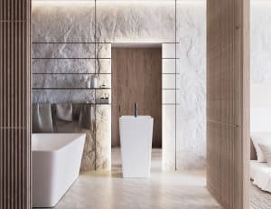 Modern bathroom with stone walls and a minimalist design.