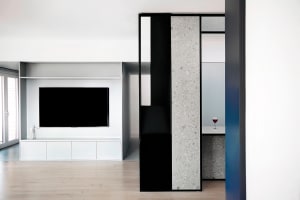 Living room with modern design featuring concrete and black paneled walls, and white paneled accents.