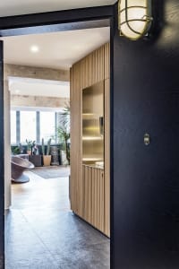 Modern residential interior featuring wooden cabinets and a brass sconce.