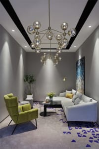 A modern living room featuring velvet furniture, concrete floor, and patterned rug