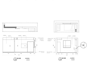 Minimalist bedroom layout with textual and graphical elements, including furniture and dimensions.