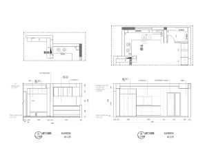 Detailed 2D architectural drawing of a modern minimalist kitchen floor plan, featuring sleek lines, open spaces, and a harmon