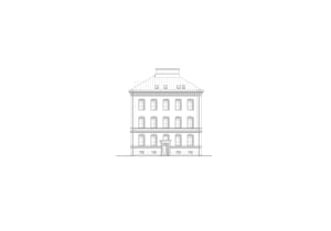 A classical building exterior roofline drawing depicting a multi-story structure with a metal roof and decorative cornice.