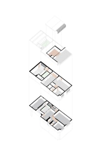 Residential building floor plan with various rooms and layout.