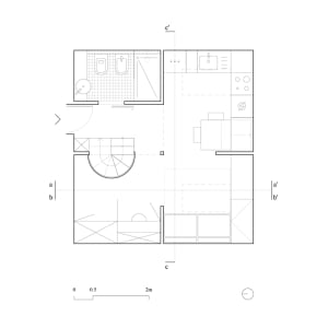 A detailed 2D architectural layout of a modern living space with various functional zones and furniture arrangements.