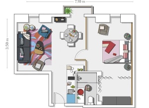 A detailed apartment layout with living room, dining area, bedroom, and kitchen.