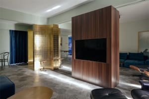 A modern residential living room featuring gold metallic partitions and wooden cabinets.